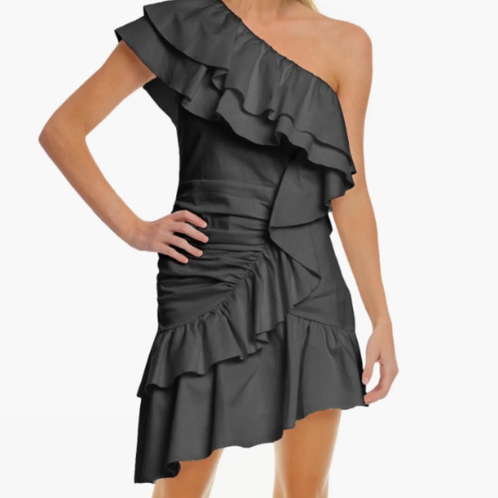 Jewel Badgley Mischka Women's One-Shoulder Ruffled Sheath Dress Black Sz 16 NEW